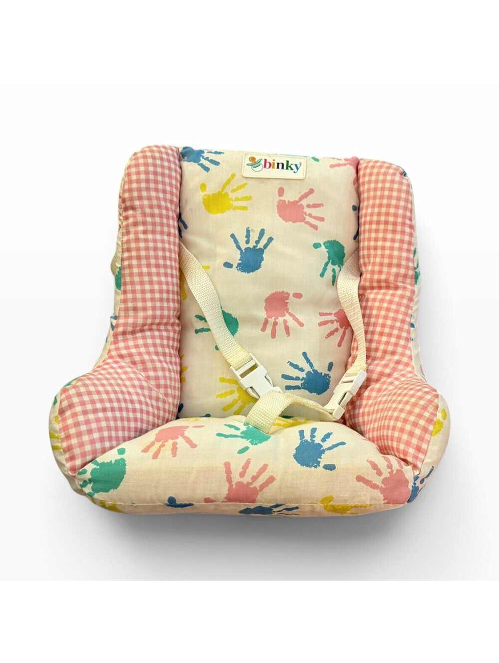 Binky Baby Safety Seat Cushion Insert w/ Straps Pink Gingham Handprint
